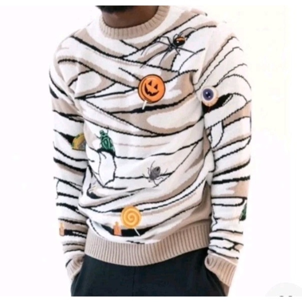 Blizzard Bay Sweater Mens Large Tan Halloween Mummy Wrap Novelty Ugly Pullover